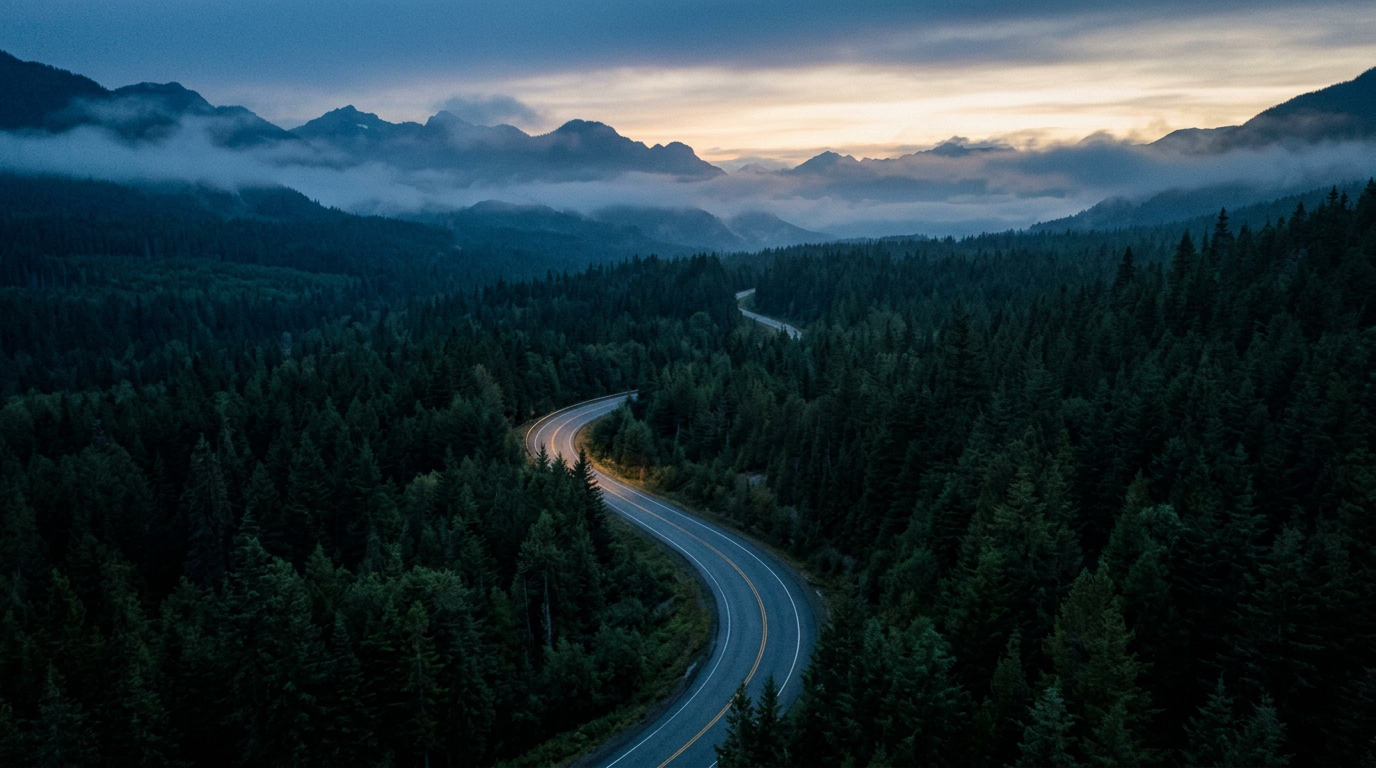 A winding road through an evergreen forest at dusk, mountains beyond