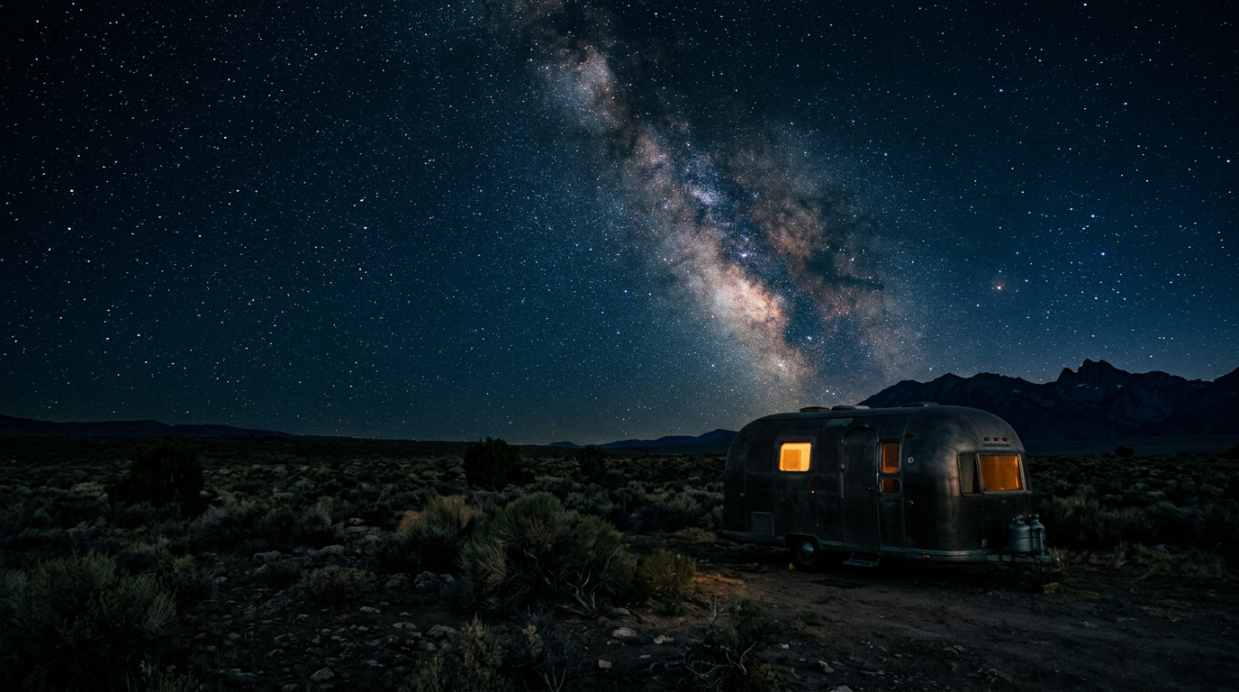 A lone travel trailer glowing under a starry night sky on a high desert plateau